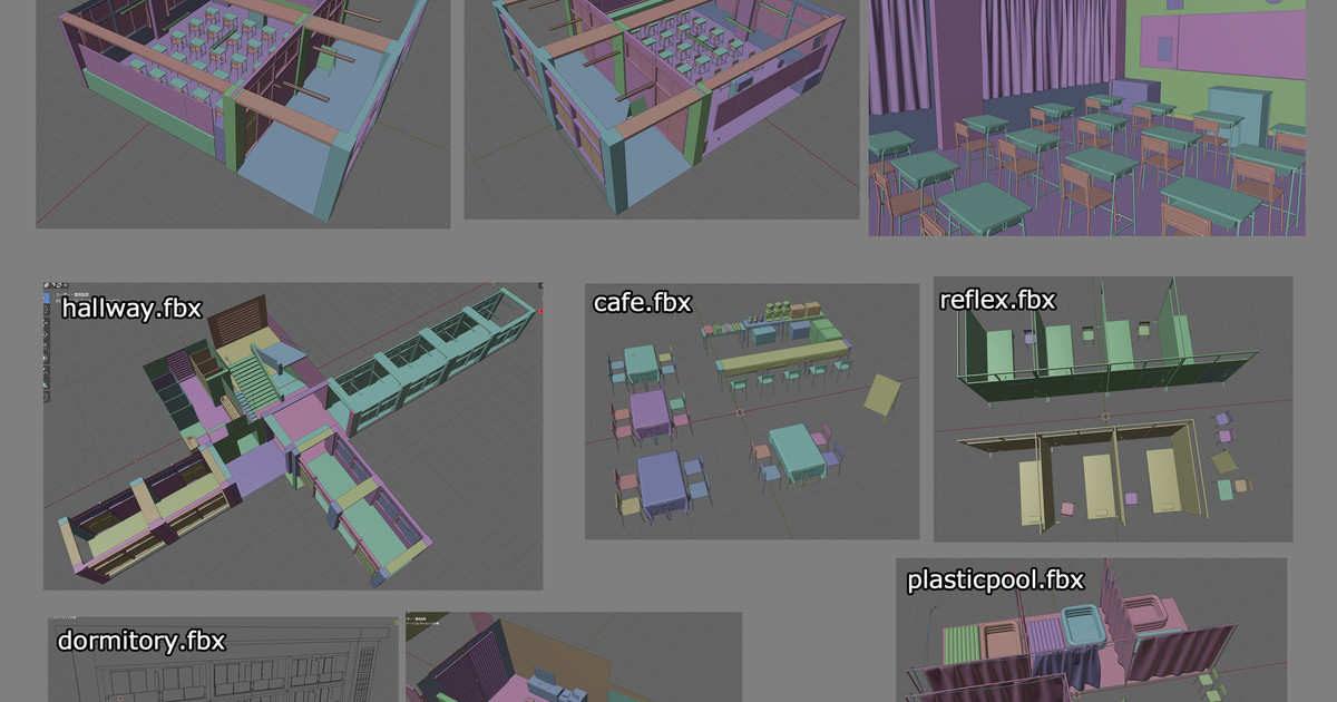 教室背景用３Dモデル配布。FBX形式。/Classroom 3D models for comic background. FBX format.