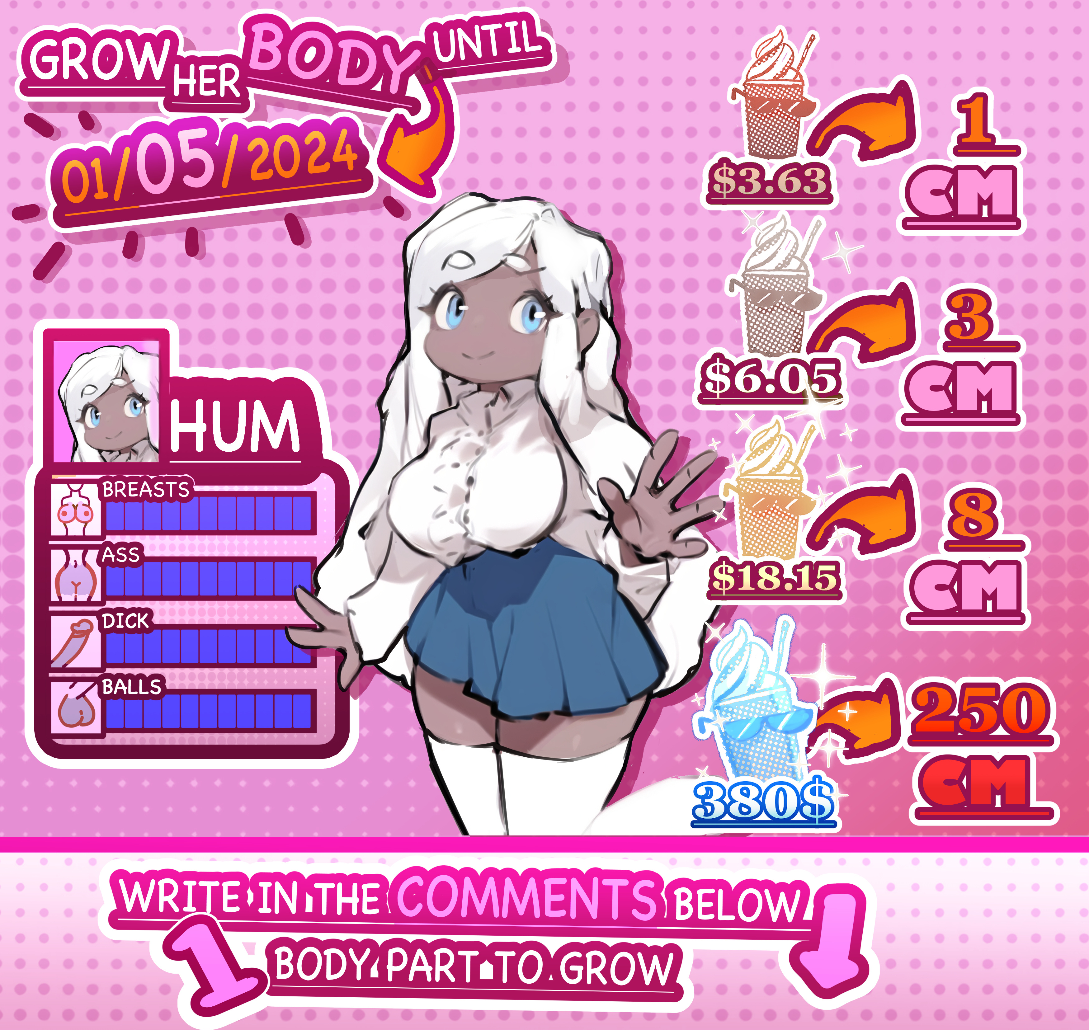WRITE IN THE COMENTS BELOW 1 BODY PART TO GROW
