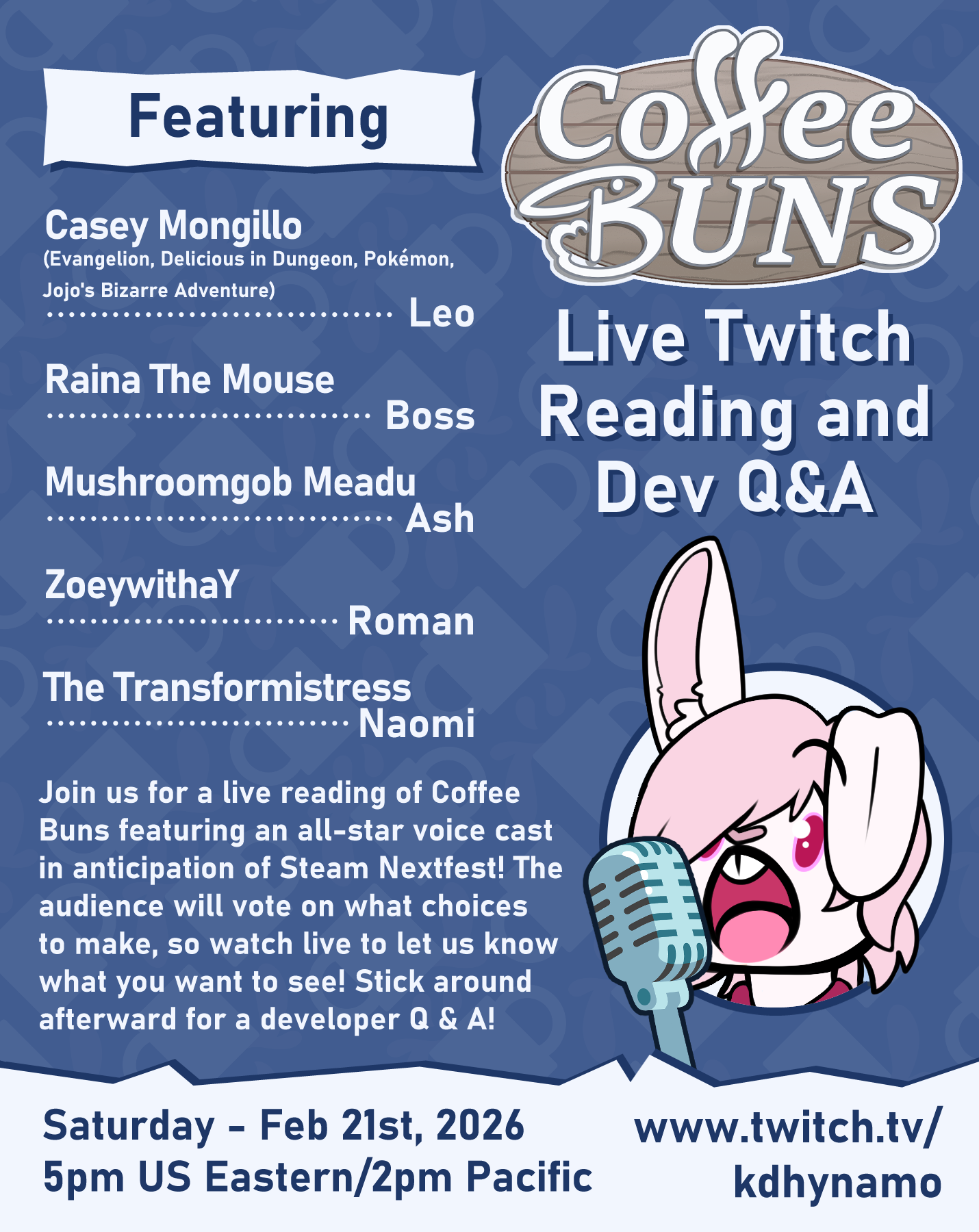 Coffee Buns Live Twitch Reading and Dev Q&A!